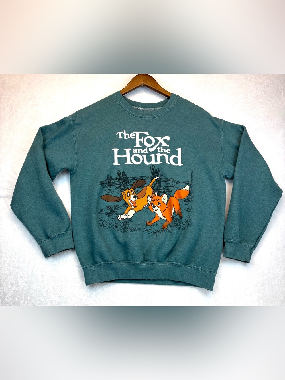 Disney Fox and the Hound Sweatshirt - Teal Green with Orange Print
